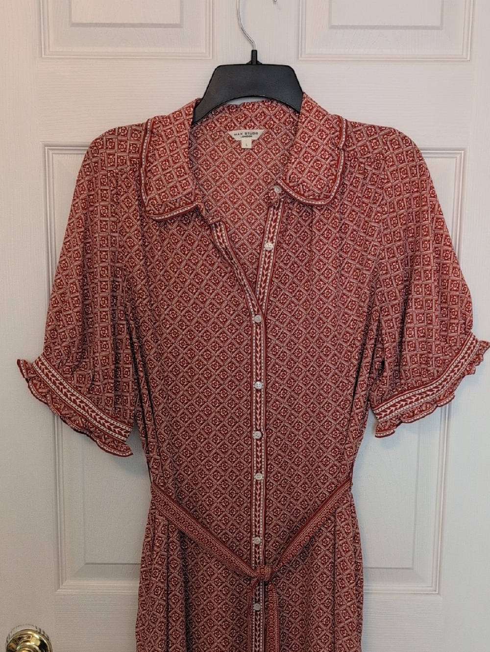 Max Studio Rust-Red Geometric Button-Front Midi Dress - Picture 2 of 9